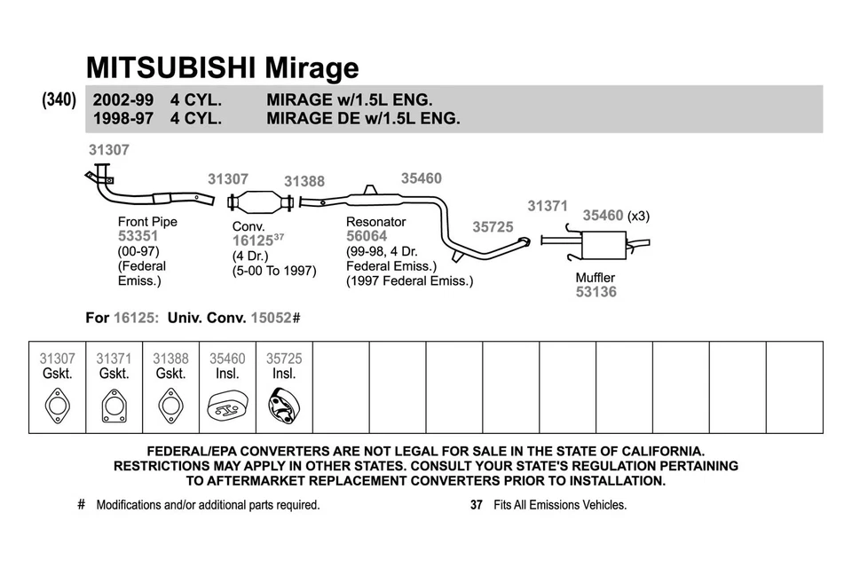 For Mitsubishi Lancer 02-07 Exhaust Pipe Flange Gasket Perforated Metal & Fiber Foto 3 de 4