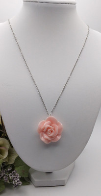 Pink Rose necklace 17'' Silver NF Pendant Mothers Handmade Dainty Birthday Gift