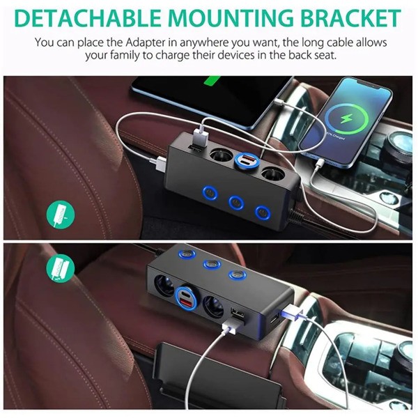 Car Charger Splitter 200W 3 Socket Cigarette Lighter Adapter with PD30W USB-C Mu