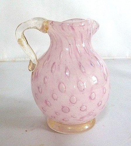 Alfredo Barbini Murano Glass Pitcher Pink With Gold Flecks Controlled Bubbles