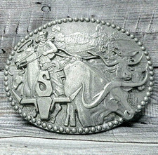 Cowboy Cattle Drive Belt Buckle Longhorn Rancher Vtg Award Design Medals  .B159