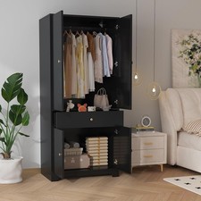 Tall Wooden Armoire with Four Doors and Hanging Rod