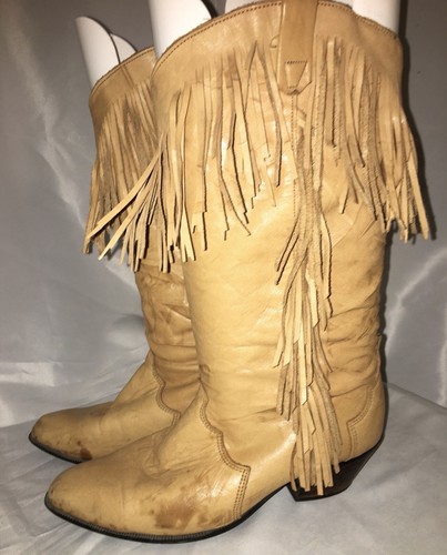 Vintage Dingo Fringe Leather Cowboy Boots Size 7 Tan Western Women’s Hippie BOHO - Picture 3 of 13