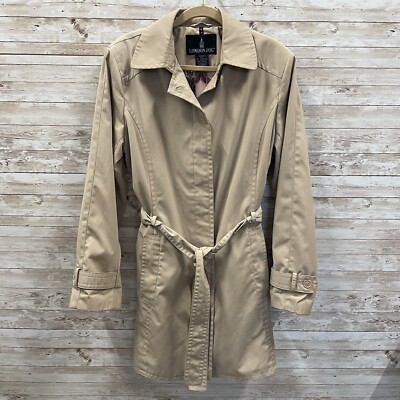 Vintage London Fog Women's XL Tan Mid Trench Coat w/ Belt Pink Silky Lined Print