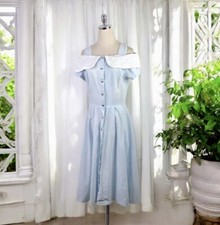 Choon Vintage Dress Small Blue White Lace Off Shoulder Button Front Feminine 