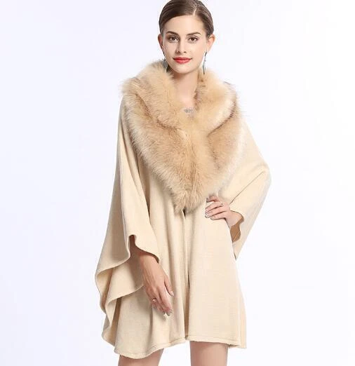 Faux Fox Fur Collar Loose Ladies Oversize Knitted Cape Poncho Western Overcoat - Image 3 of 4
