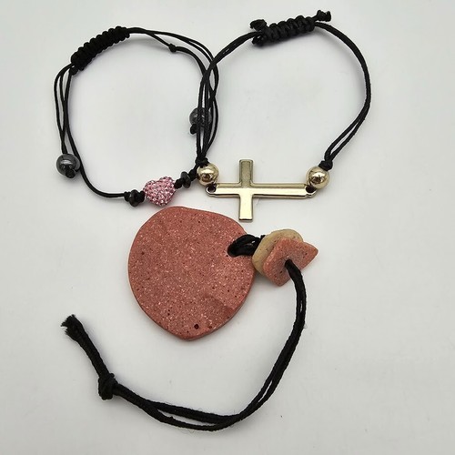 Crystal Pink Heart Bracelet Gold tone Cross AND Natural Stone 3 Pendant Bracelet - Picture 21 of 23