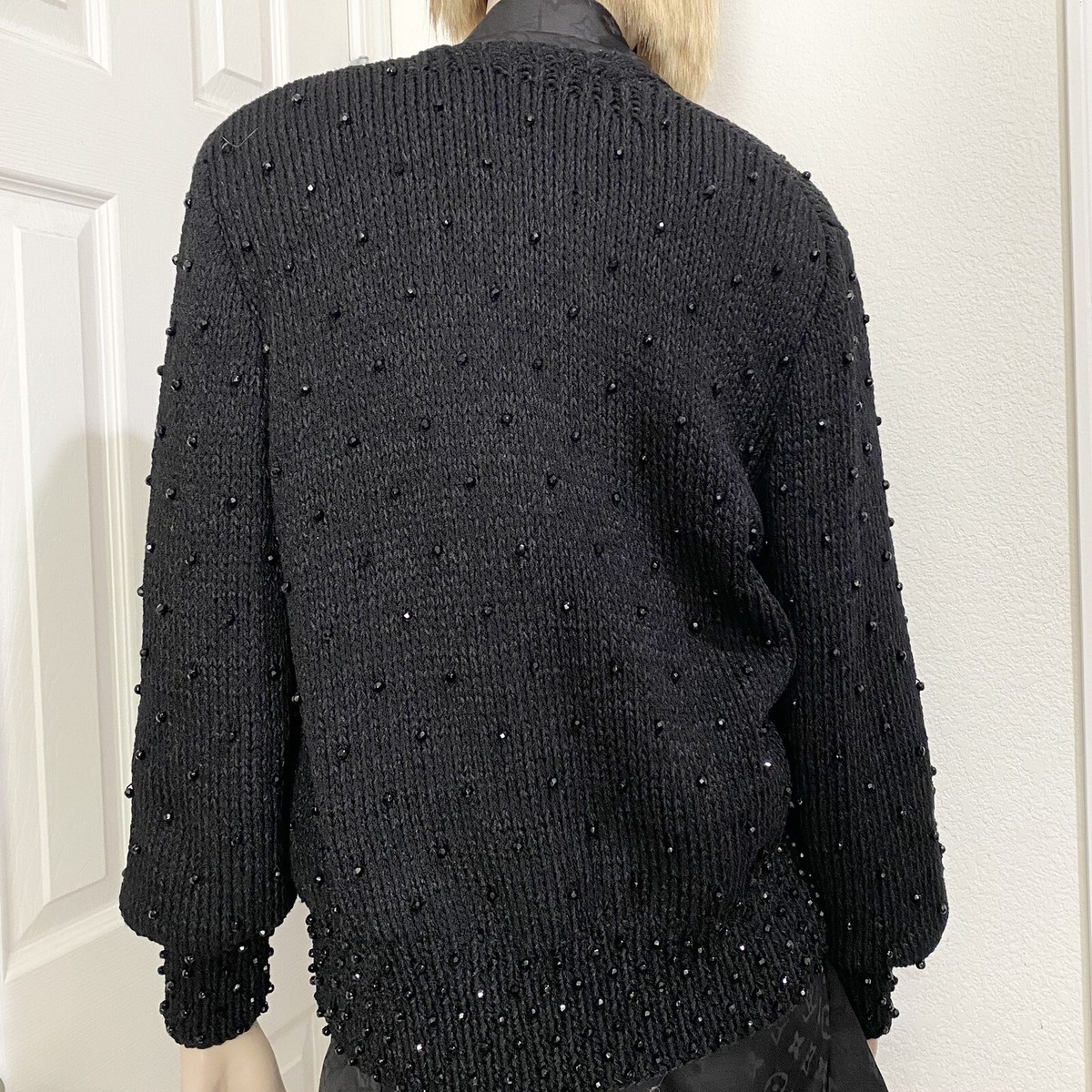Vintage I. MAGNIN Black Beaded Lined Heavy Knit Cardigan Sweater 