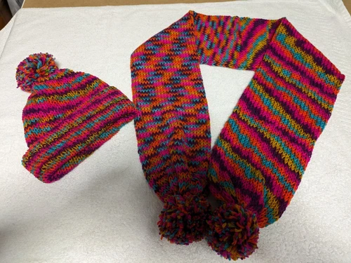 Handmade Multicoloured Striped Adult Knitted Hat And Scarf Set SALE