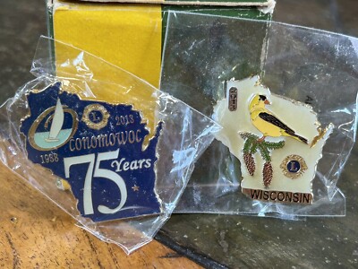 2 NOS 2013 Lions Club Wisconsin Pins Yellow Bird + 75 Years Oconomowoc