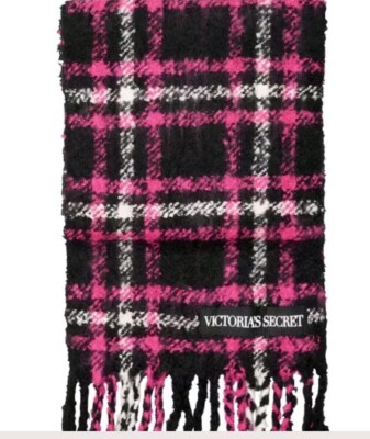 VICTORIA'S SECRET WINTER ANGEL PLUSH PLAID SCARF BLACK & FUCHSIA