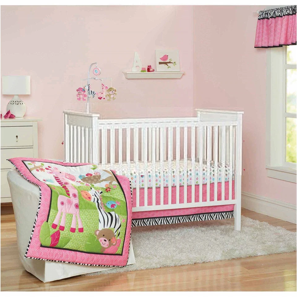 WILD LIFE Jungle Zebra Rosa 10 piezas ~ Juego de cuna_Manta_Pañal Stkr_Valance_Trajes Foto 2 de 4