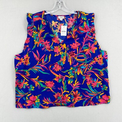NWT J.Crew Sleeveless Ruffle Top Womens 2XL XXL Blue Floral V Neck Resort