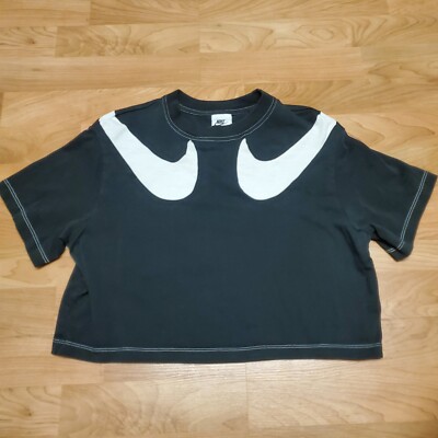 Nike Black White Double Logo Short Sleeve Cropped Boxy Cotton Knit Top XS