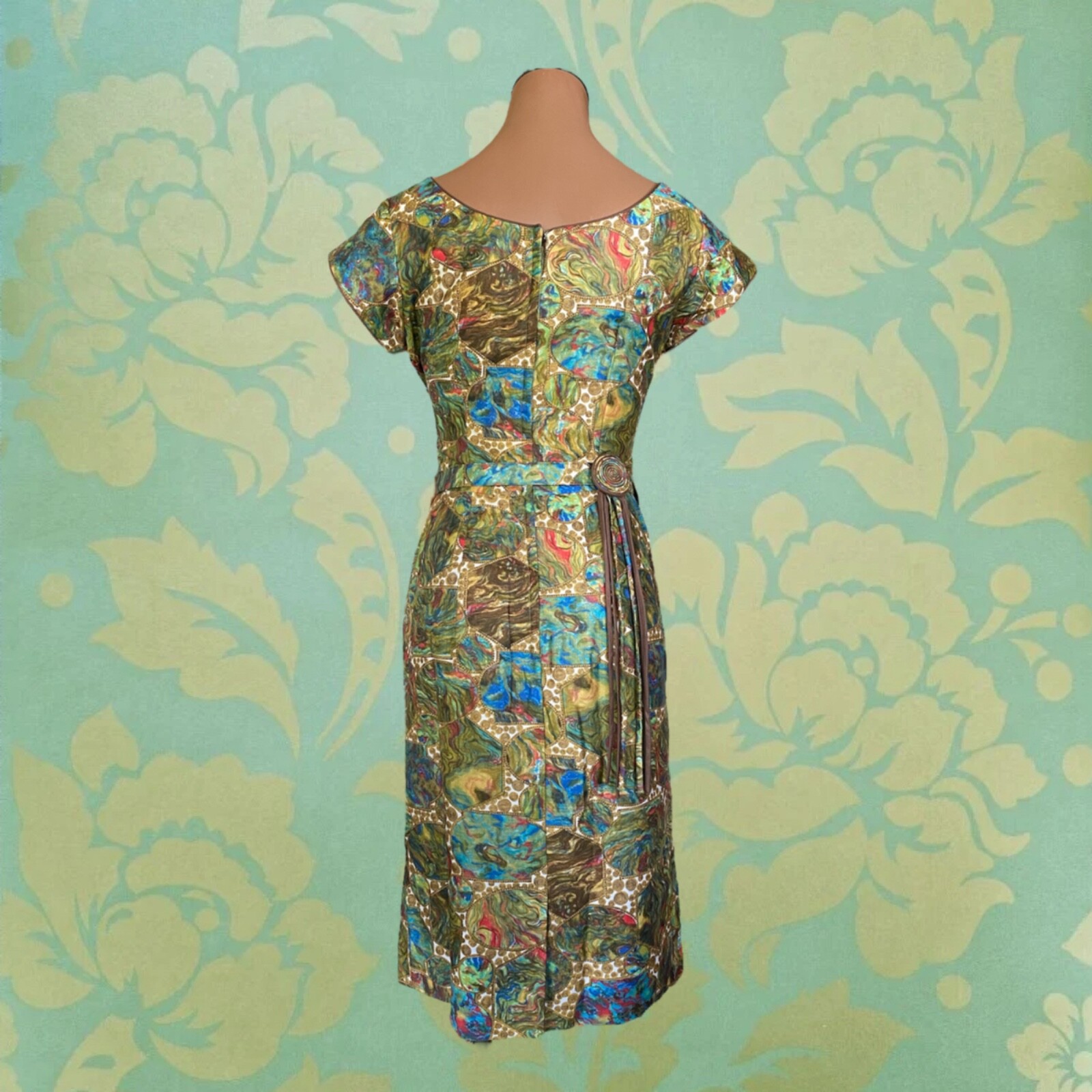 Vintage 1950s Abstract Watercolor Dress with Belt by … Gem