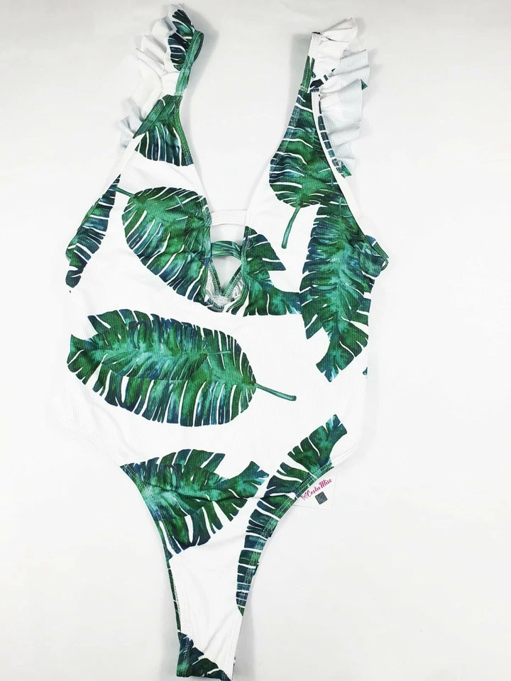 Costume intero donna monokini bianco verde sexy volant con slip brasiliana 2024 - Immagine 2 di 4