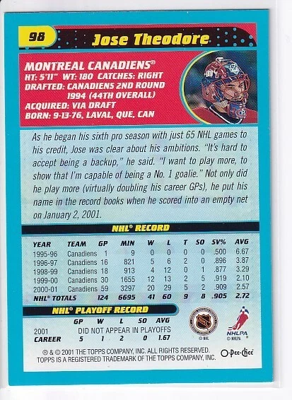 2001-02 O-Pee-Chee #98 Jose Theodore Montreal Canadiens - Image 2 of 2