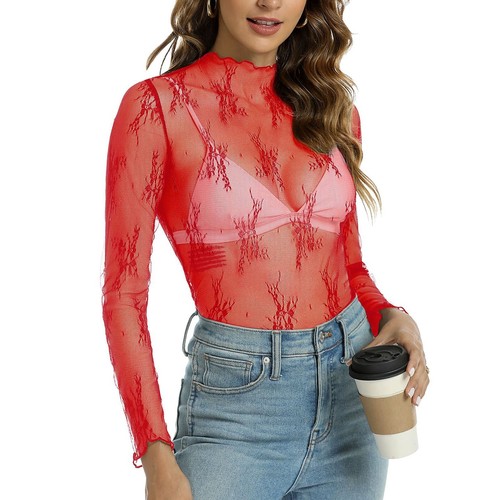 Neu Netz Langarm Lagenlook Top Stehkragen Blumenstickerei Frauen Beach Club - Bild 6 von 17
