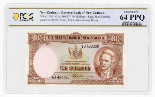 Certified 1960-67 10 Shillings New Zealand PCGS Banknote Choice 64PPQ Pick #158d
