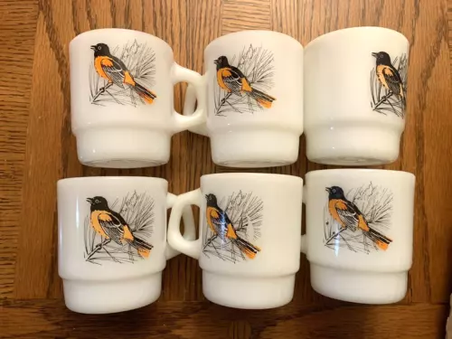 Fire King Mugs Oriole, Cardinal, Chickadee, Lot Of 6