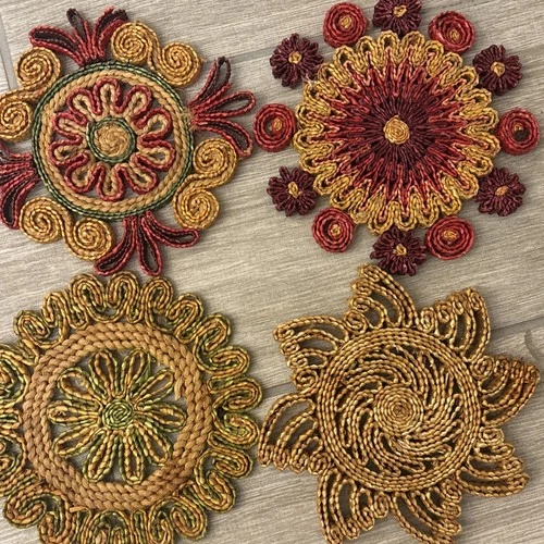 Boho 1970's Vintage Raffia Rattan Colorful Trivets /Hot Pads 4 Count  7"each - product listing photo