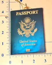 US Passport Christmas Tree Ornament Mouth Blown Glass Blue Vtg