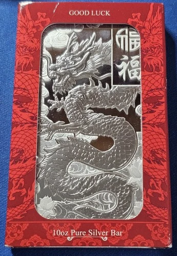 A PAMP 10 oz Good Luck Dragon Silver Bar w/ Capsule & Sleeve