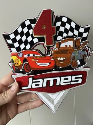 Lightening McQueen Personalised Cake Topper Name Age Birthday Glitter Tow Mater