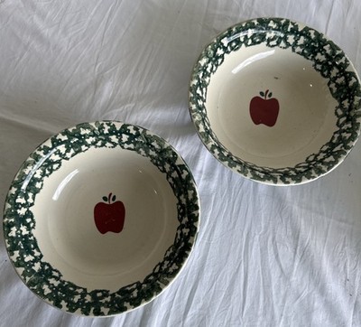 2 Vintage Stoneware Spongeware Apple Serving Bowls HEAVY 8 x2.25 grandma/cottage