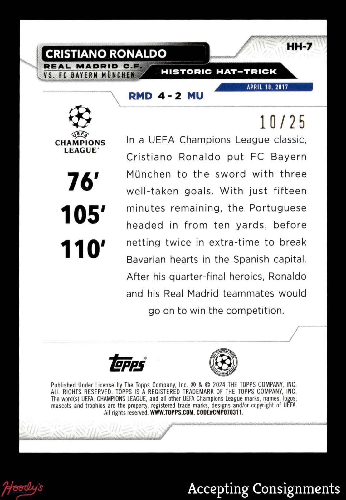 2023-24 Topps UEFA Historic Hat Tricks Orange Foil Cristiano Ronaldo 10/25 view 2