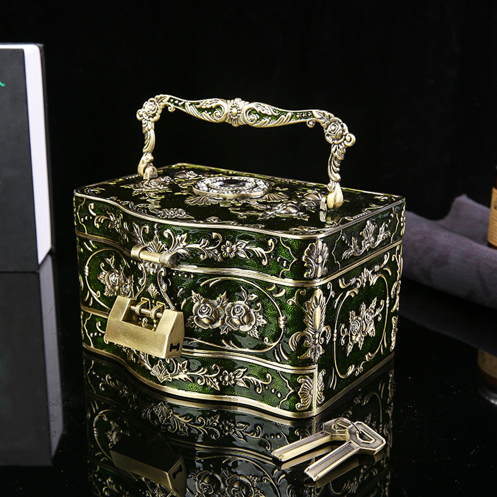 Retro Three Layer Jewelry Box Built In Mirror Gorgeous Earrings Treasure Box Vi~ image 8