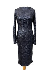 missguided blue sequin Bodycon Evening Dress Size 12 Long Sleeve Plunge Back
