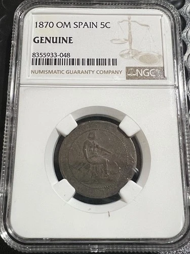 1870 OM Spain 5 Centimos NGC Genuine - C3488