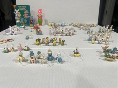Vintage Mini Easter Ornaments Hand Painted Wooden Bunnies, Eggs, Birds, Chickens