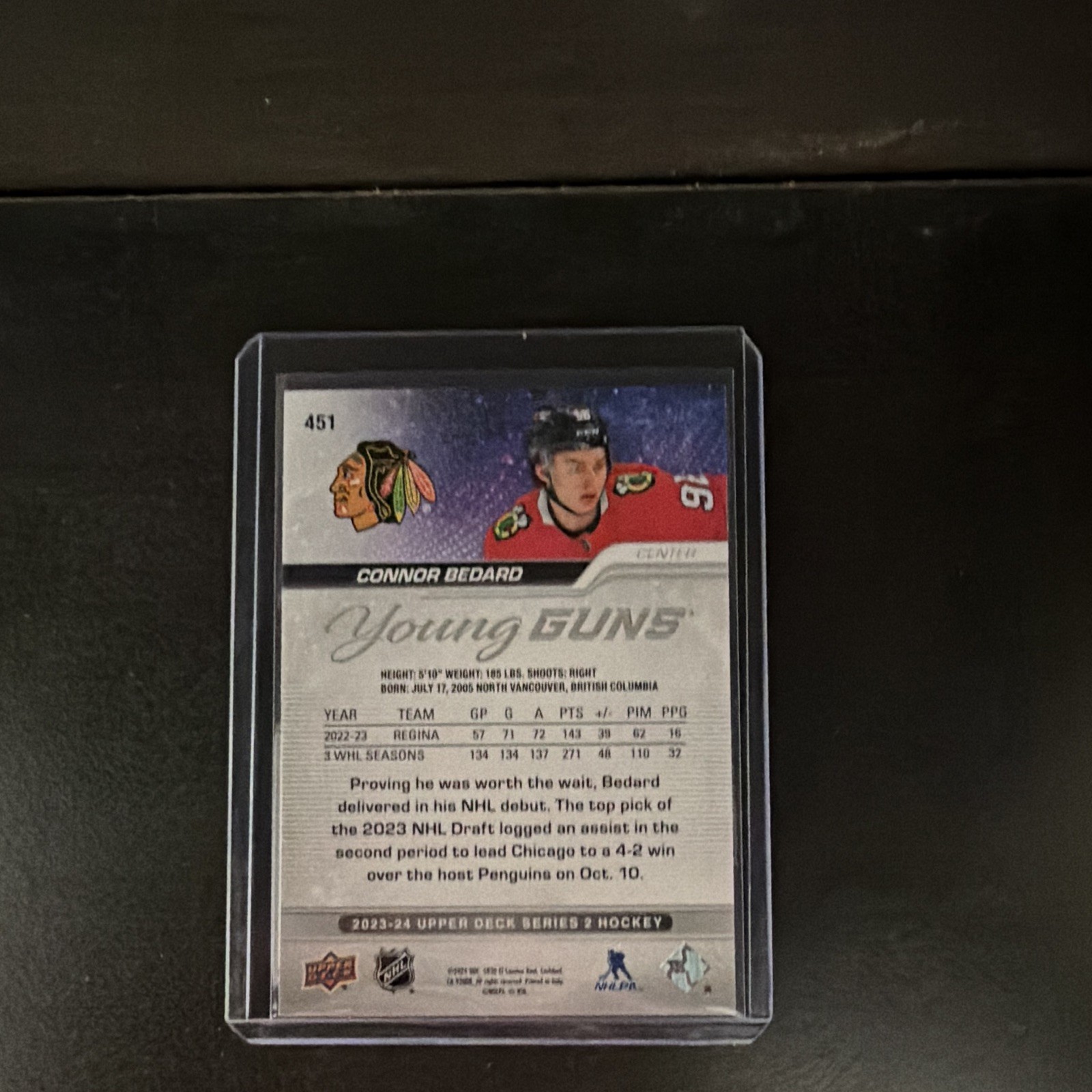 Upper Deck 2023-24 Series 2 Young Guns Connor Bedard #451 Blackhawks RC view 2