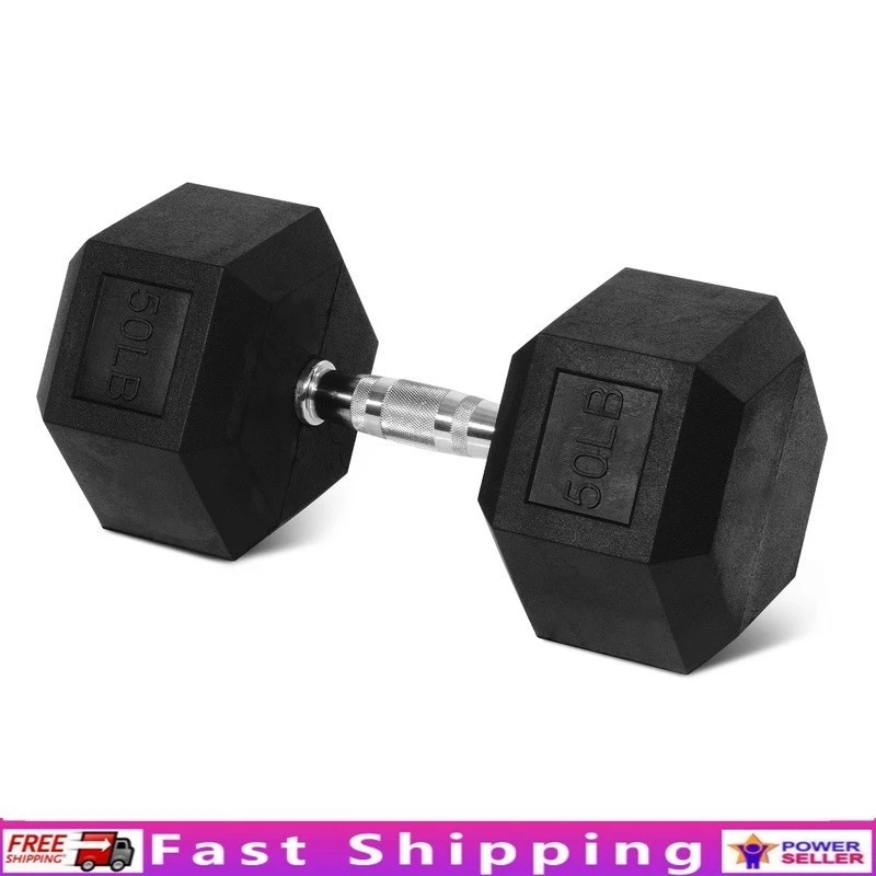 Rubber Encased Hex Dumbbell 50LB Anti-Slip Grip Weight Training Fitness New