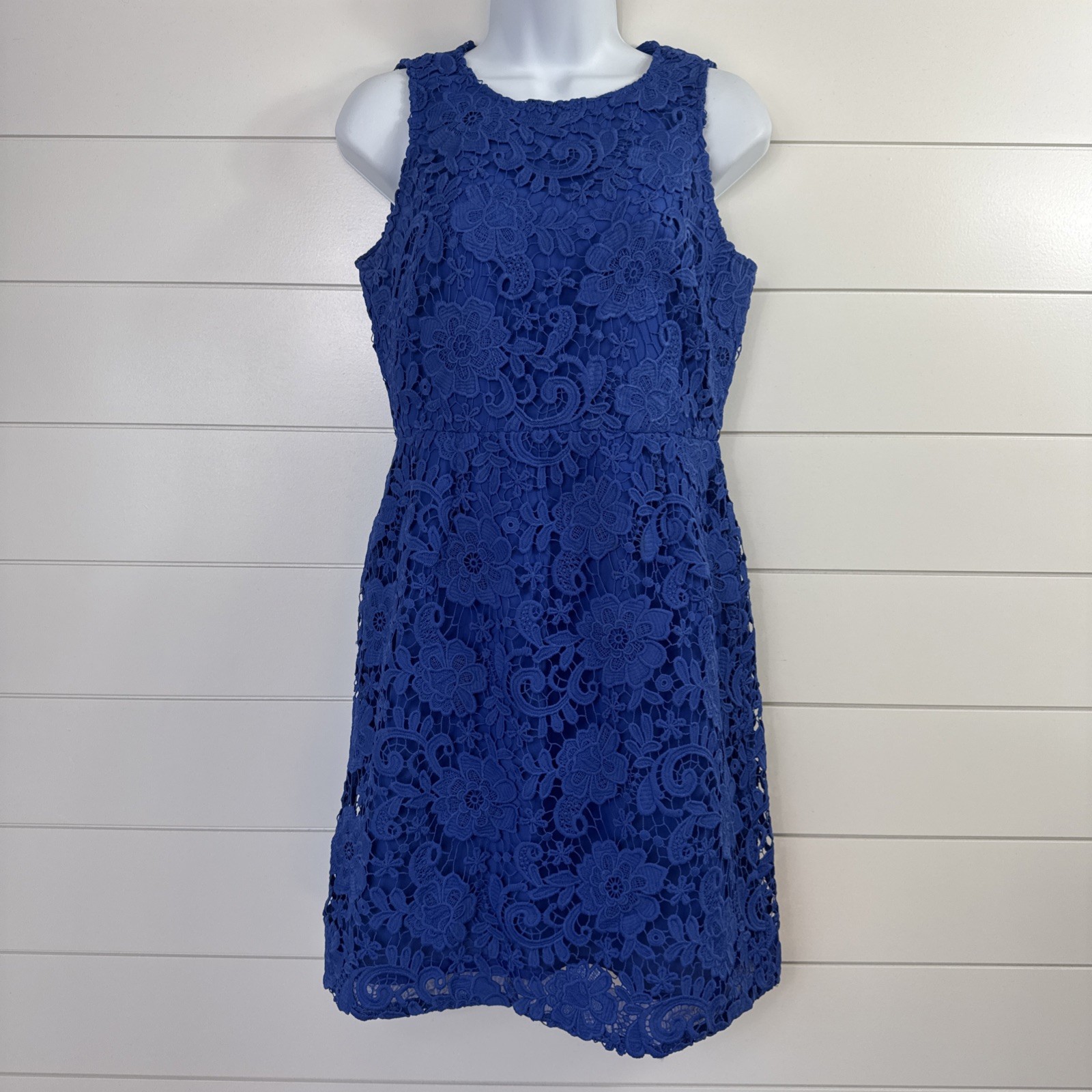 Women's J. Crew Floral Lace Sheath Dress Sleeveless Caribbean Blue sz 4