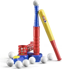 2 in 1 Tee Ball Set for Kids 3-8, Kids Baseball T-Ball Set with 10 Balls, Step o