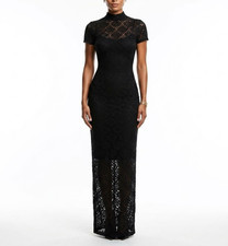 Windsor Black Lace Goth Maxi Dress Mock Neck Short Sleeve Column Gown Large L
