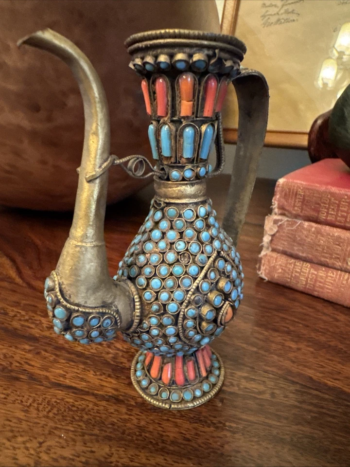 antique early 19th century handmade Tibetan coral turquoise bronze pitcher pot - Image 3 of 4