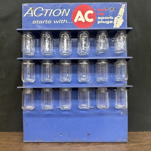 Vtg AC Hot Tip Spark Plugs Glass Jar Display Rack
