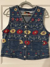 Vintage Susan Bristol Denim Jean Vest Women's Size PM Embroidered Flowers