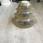 Vintage Pyrex Homestead Cinderella Mixing Bowl Set 441, 442, 444 Tan Blue