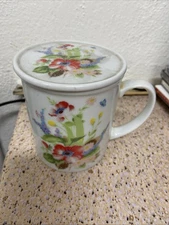 Coffee Cup Mug White With Colorful Flowers with Lid Japan