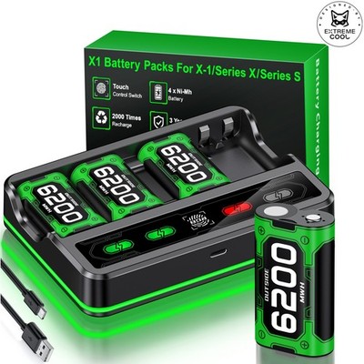 4 x 6200mWh Akku &Ladestation für Xbox One X/S/Elite&Xbox Series X/S Controller