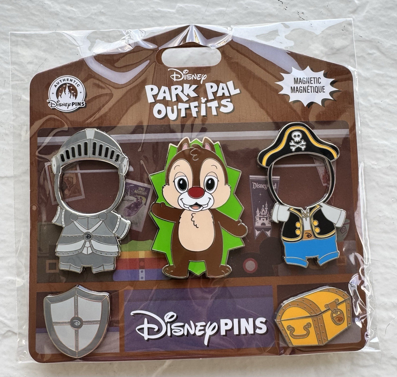 DISNEY PARKS PIN PARK PAL OUTFITS MAGNETIC DALE 3-PINS 2-OUTFITS NEW ON CARD