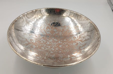 Vtg 1950s Academy Silver on Copper 10” Pedestal Bowl Etched Floral Design