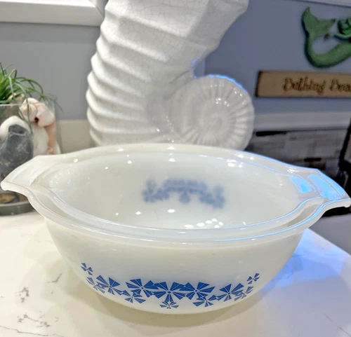 VTG Glasbake Milkglass Mixing Bowls J2355 8' and J2356 9.75" Blue Design Set