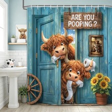 Funny Highland Cow Shower Curtain, are You Pooping Bathroom Decor, Blue Rustic W