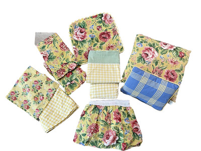 Vtg Laura Ashley 10 Pc FULL Bedding Set Yellow Gingham Pink Roses Sheets Pillow